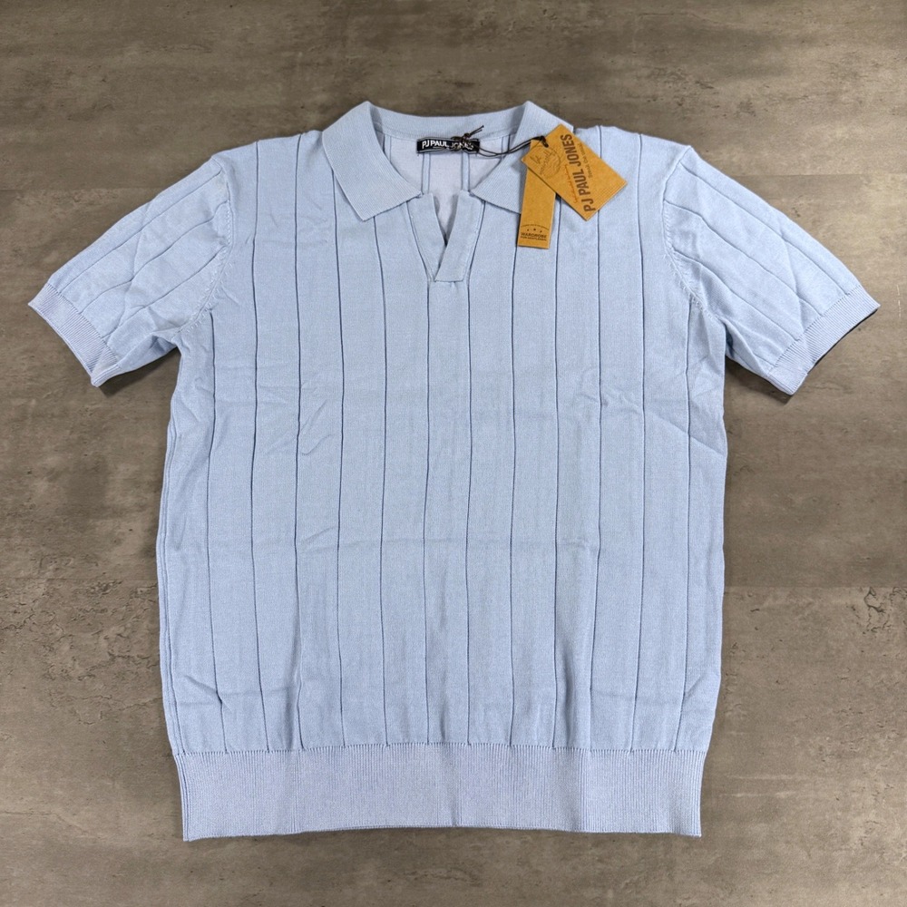 PJ Paul Jones Polo Shirt Mens Small Ribbed Knit Light Blue V-Neck NEW Tennis